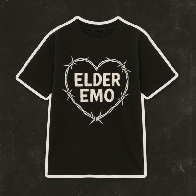 Black t-shirt with barbed wire heart graphic and ELDER EMO text