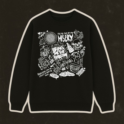 Black sweatshirt with white graphic text and illustrations including PUT ME OUT OF MY MISERY and BRING ME THE HORIZON