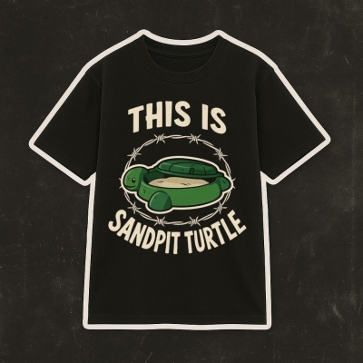 Black t-shirt with green turtle shell and text THIS IS SANDPIT TURTLE