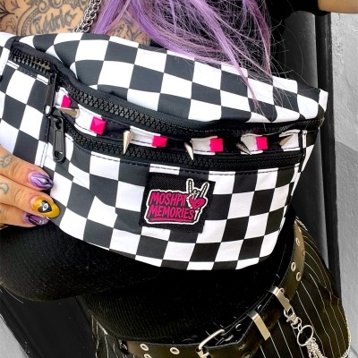 Black and white checkered fanny pack with studs and MOSHPIT MEMORIES patch