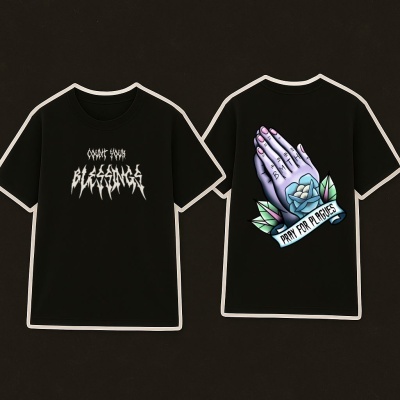 Black t-shirts with white COUNT YOUR BLESSINGS text front and praying hands with blue rose and PRAY FOR PLAGUES banner back