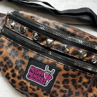 Leopard print waist bag with silver studs and MOSHPIT MEMORIES patch