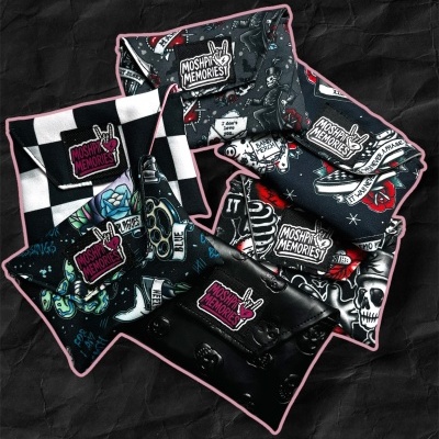 Fabric pouches with MOSHPIT MEMORIES patches in dark tattoo-style and checkerboard patterns