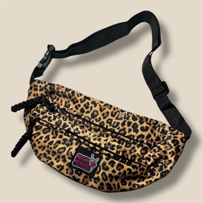 Leopard print fanny pack with black strap and MOSHPIT MEMORIES patch