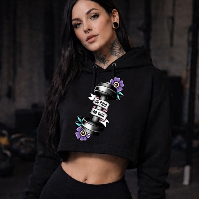Black cropped hoodie with NO PAIN NO GAIN dumbbell design