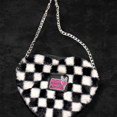 Heart-shaped black and white checkered fur handbag with silver chain strap and MOSHPIT MEMORIES patch