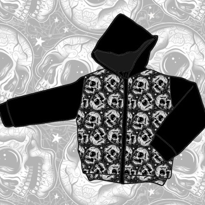 Black hoodie with skull pattern on front panels and solid black sleeves and hood