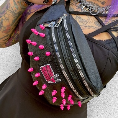 Black faux leather crossbody bag with pink studs and MOSHPIT MEMORIES patch