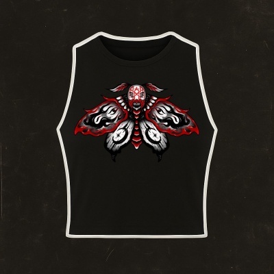 Black sleeveless tank top with a red and white butterfly humanoid graphic on the front