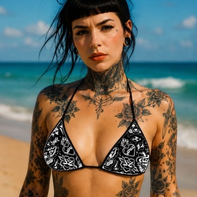 Woman with tattoo pattern bikini top on beach with ocean background