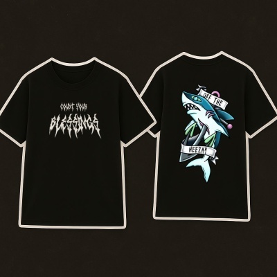 Black t-shirts with text and shark graphic designs
