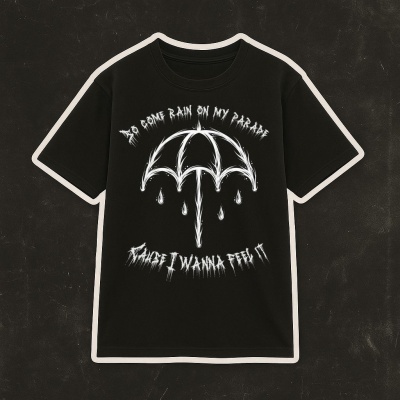 Black t-shirt with white umbrella graphic and text design