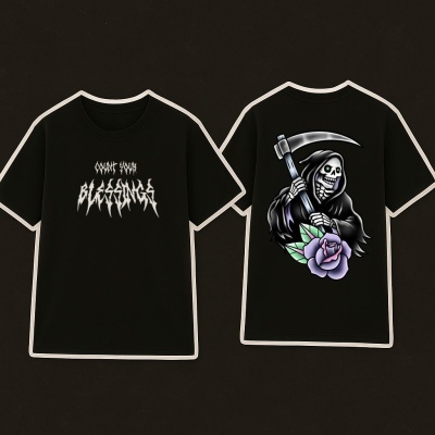 Black t-shirts with gothic text and grim reaper graphic design