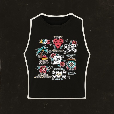 Black sleeveless crop top with colorful graphic designs and text