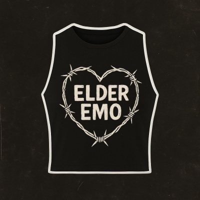 Black sleeveless shirt with ELDER EMO text and barbed wire heart graphic