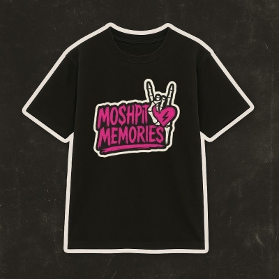 Black t-shirt with skeleton hand graphic and MOSHPIT MEMORIES text
