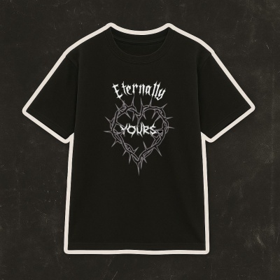 Black T-shirt with thorn heart graphic and Eternally YOURS text