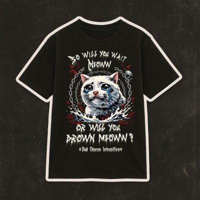 Black t-shirt with graphic of a white crying cat, chains, red splashes, and text in white.