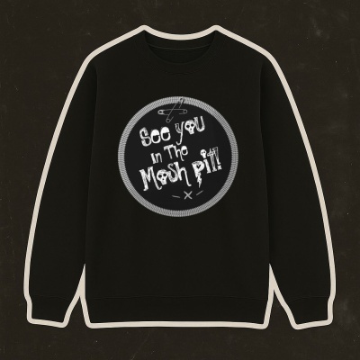Black sweatshirt with white patch reading See you In The Mosh Pit! and decorated with skulls and safety pin graphics