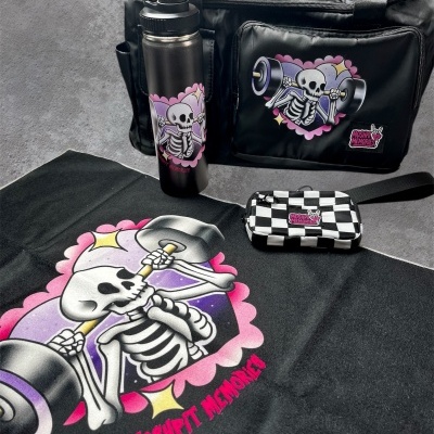 Black gym bag, water bottle, pouch, and cloth with cartoon skeleton lifting barbell and text MOSHPTT MEMORIES.