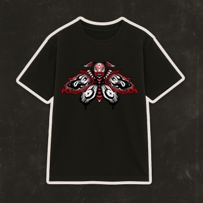 Black T-shirt with red, white, and black moth graphic design