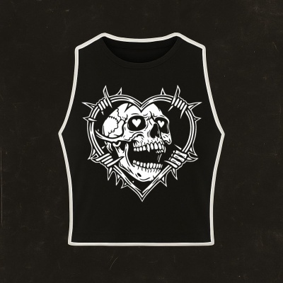 Black sleeveless crop top with skull and barbed wire heart graphic