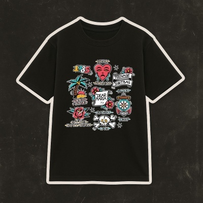 Black T-shirt with colorful tattoo-style graphics and text