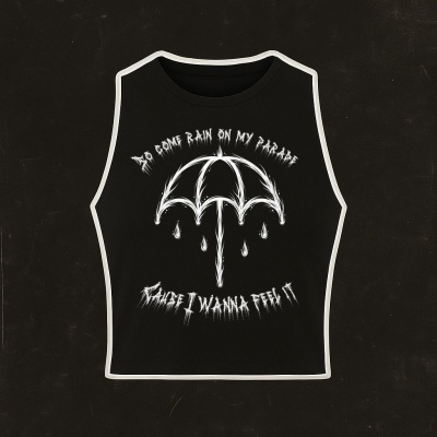 Black sleeveless crop top with white umbrella graphic and text.