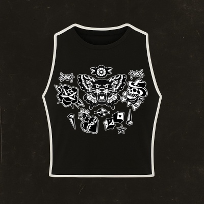 Black sleeveless crop top with white tattoo-style graphic designs.