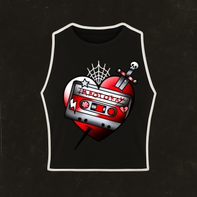 Black sleeveless crop top with a red heart and cassette tape graphic that reads IM NOT OKAY with a dagger and spiderweb design