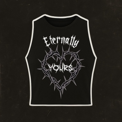 Black sleeveless crop top with thorny heart graphic and Eternally YOURS text