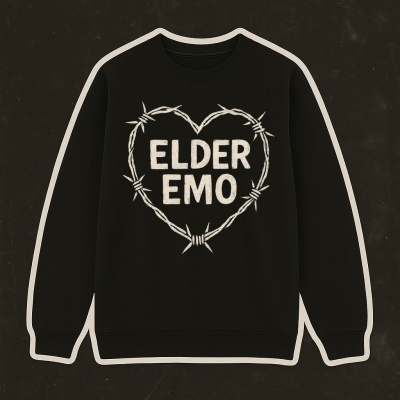 Black sweatshirt with white barbed wire heart and ELDER EMO text graphic.