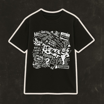 Black t-shirt with white graphic print featuring text and drawings.