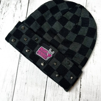 Black and dark gray checkered knit beanie with silver studs and MOSH PIT MEMORIES patch