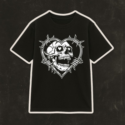 Black t-shirt with white skull and barbed wire heart graphic
