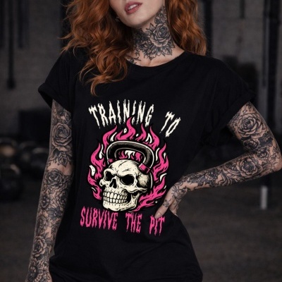 Black t-shirt with flaming skull and kettlebell graphic and text TRAINING TO SURVIVE THE PIT