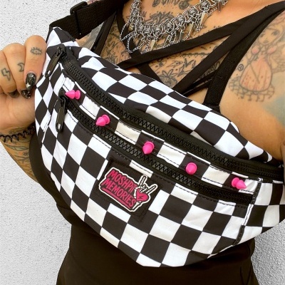 Checkered fanny pack with MOSHPIT MEMORIES patch and pink studs