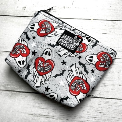 Gray ghost print fabric pouch with red hearts and black label MOSHPIT MEMORIES