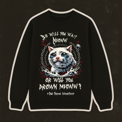 Black sweatshirt with eerie white cat graphic and white text