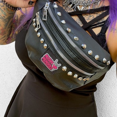 Black leather fanny pack with silver studs and MOSHPIT MEMORIES patch