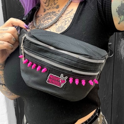 Black leather fanny pack with silver zippers and pink spikes, patch MOSH PIT MEMORIES