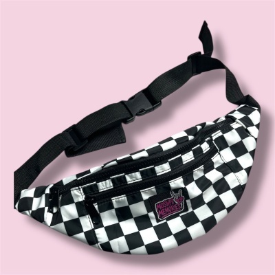 Black and white checkered fanny pack with MOSHPIT MEMORIES patch