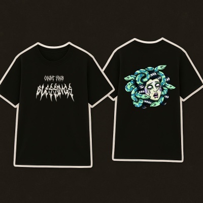 Black T-shirts with gothic text on front and Medusa graphic on back