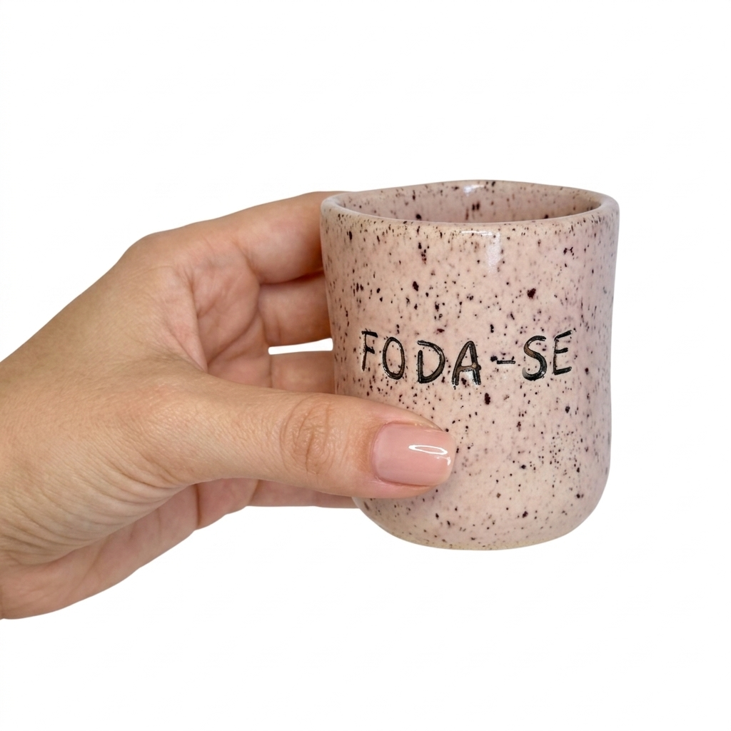 COPINHO Foda- se - Rosa Nude Copo cerâmico rosa claro manchado com texto FODA-SE segurado por mão com unhas nude