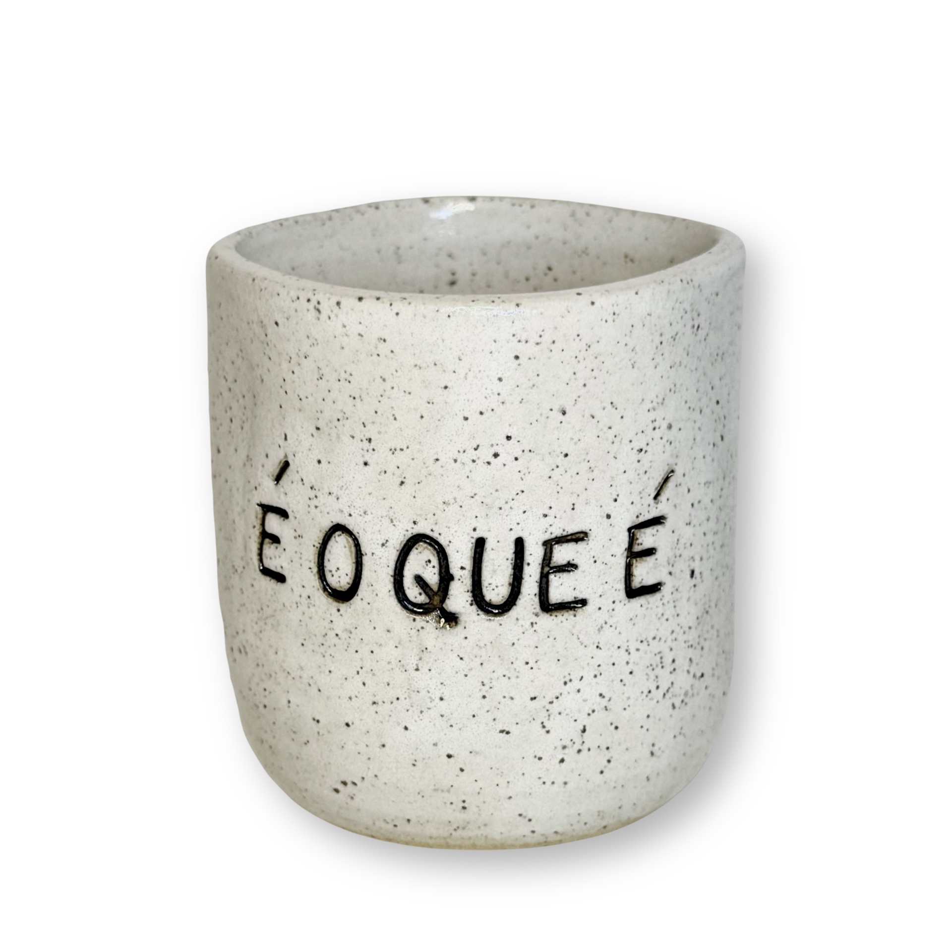 COPINHO É o que é - Branco Vintage Vaso cilíndrico cinza com aspeto salpicado e texto em relevo ELOQUEE