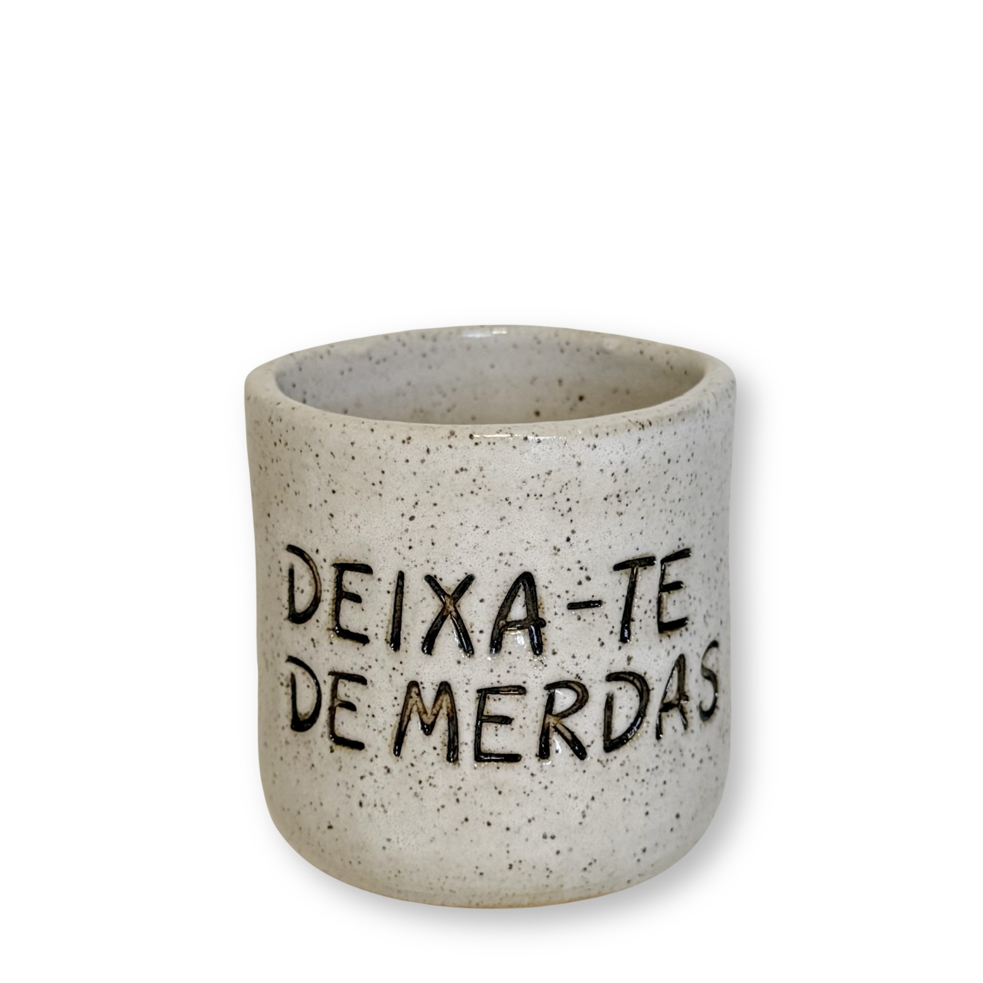 MINI Copinho Deixa-te de Merdas - Branco Vintage Vaso de cerâmica cinza claro com frase escrita em preto