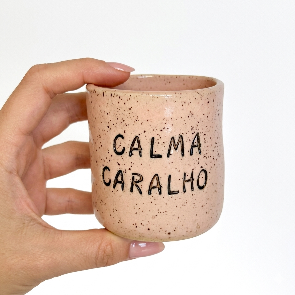 COPINHO Calma Caralho - Salmão Caneca rosa com manchas pretas e texto CALMA CARALHO segurada por mão com unhas rosa