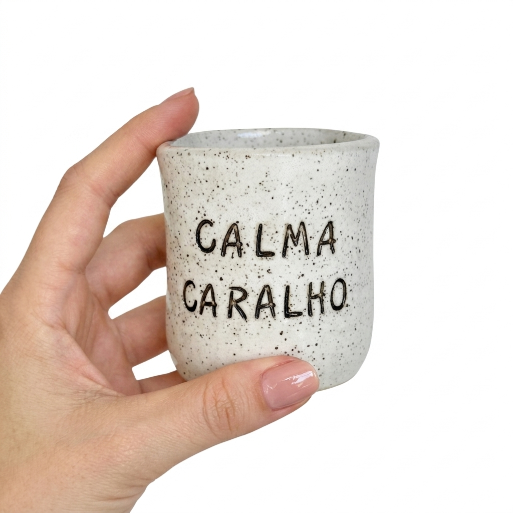 COPINHO Calma Caralho - Branco Vintage Caneca de cerâmica branca pontilhada com texto CALMA CARALHO na mão