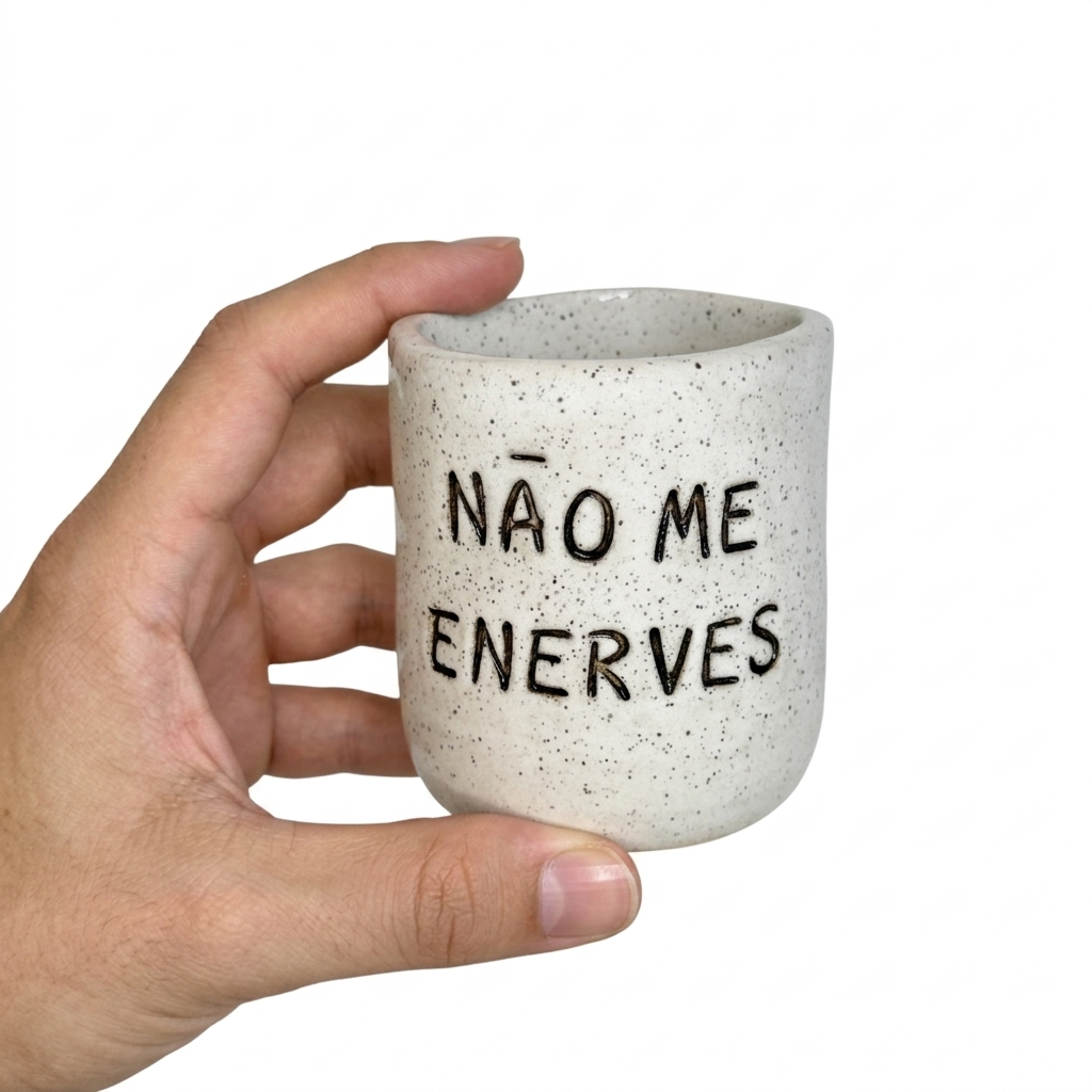 COPINHO Não me Enerves - Branco Antigo Caneca pequena branca com manchas pretas e texto NÃO ME ENERVES