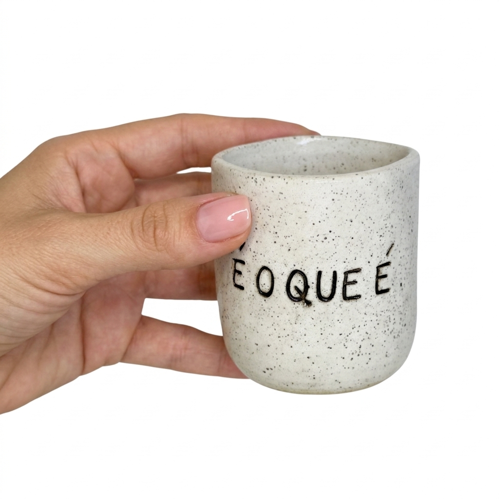 COPINHO É o que é - Branco Vintage Caneca pequena branca com pintas e texto E O QUE É